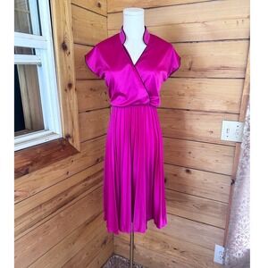 Vintage Magenta‎ Satin Dress Medium Hot Pink Pleated Midi Joyce Palmer Asian Y2K